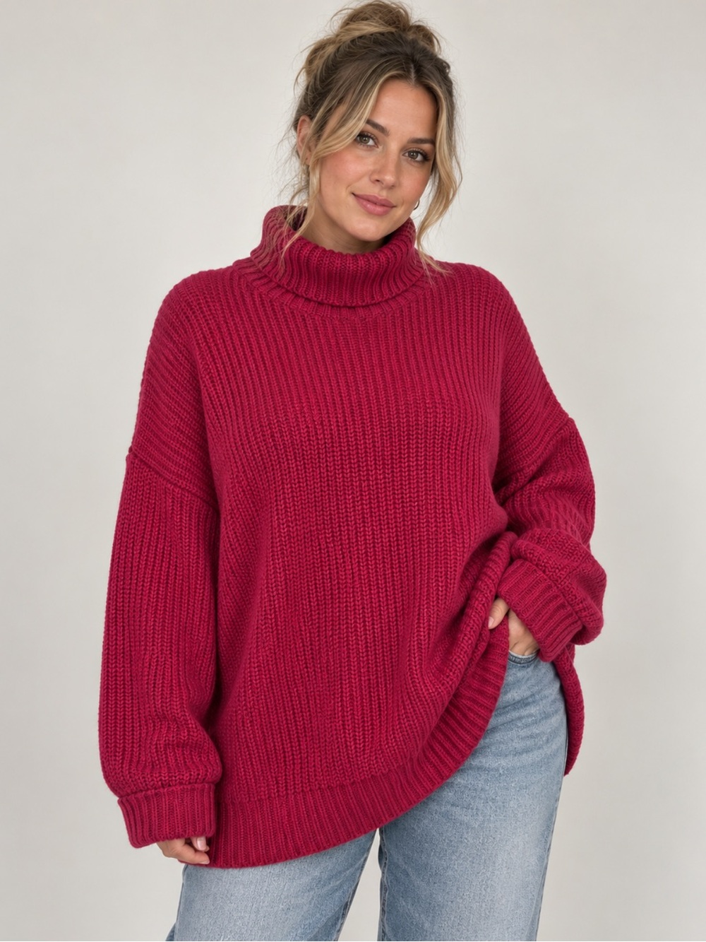American Eagle Raspberry Oversized Chunky Knit Turtleneck Sweater L/XL